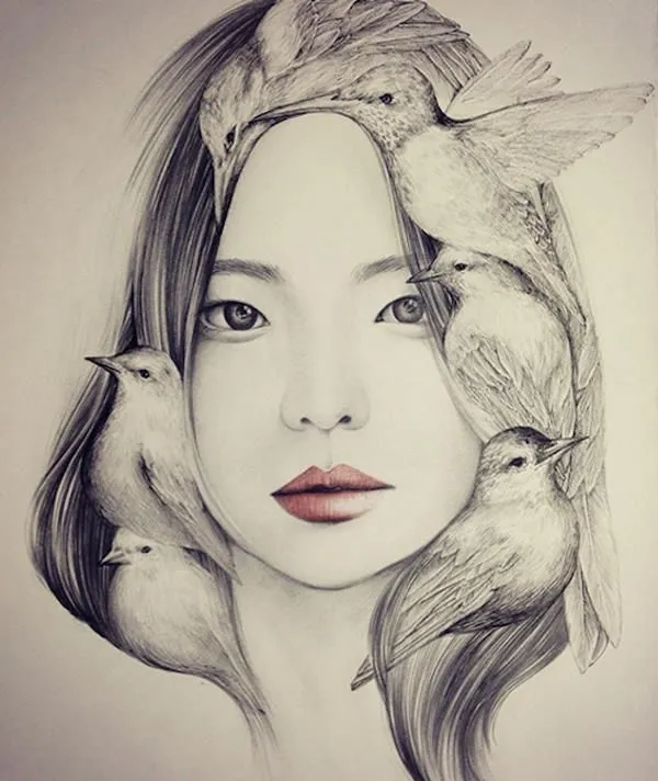 Delicados dibujos a pluma y lápiz de muchachas con pájaros ...
