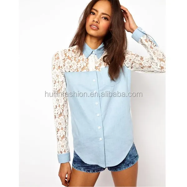 Denim jean blusas modelos con blusa de encaje para mujer mediana ...