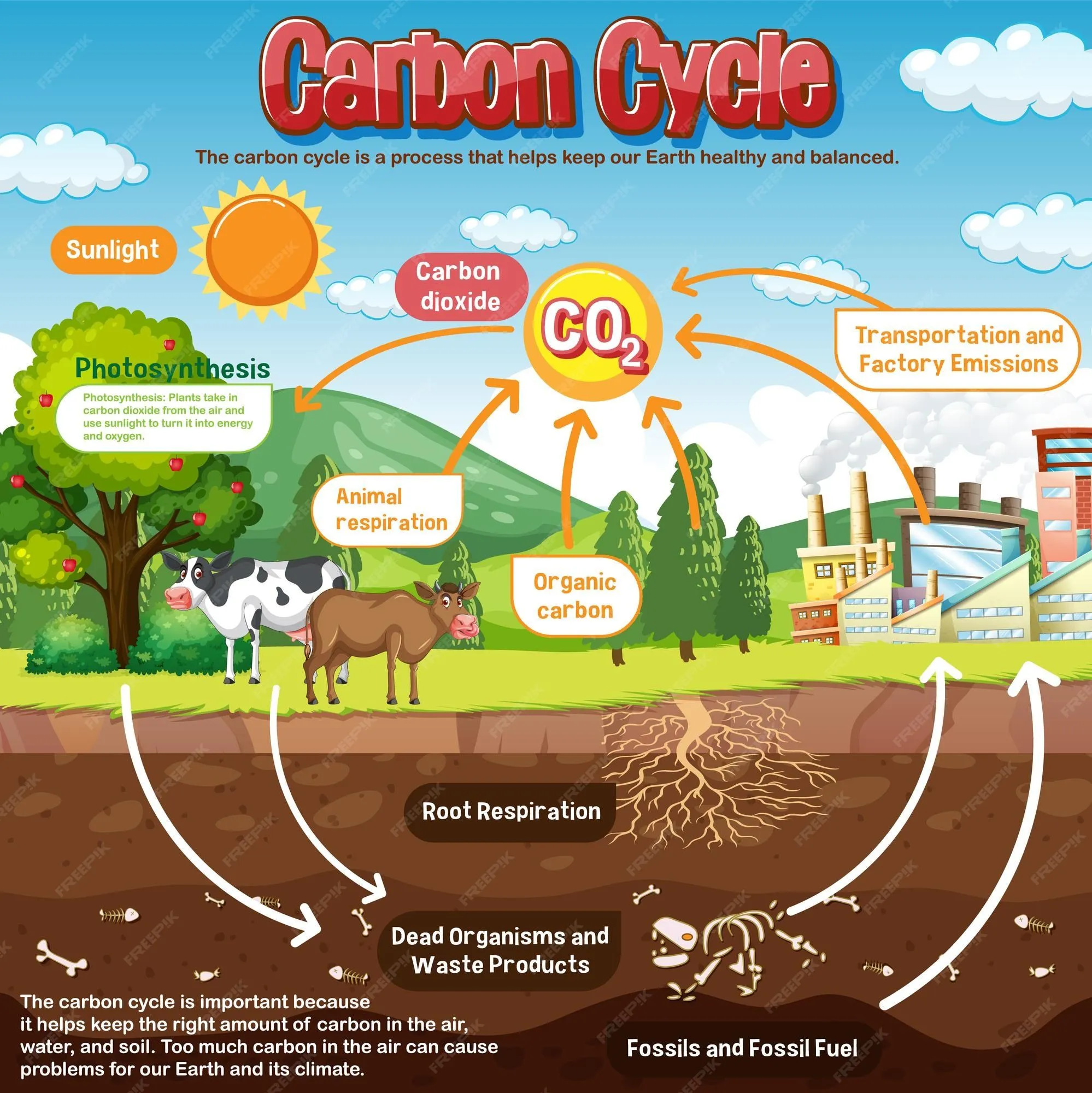 Diagrama del ciclo del carbono para la educación científica | Vector Gratis