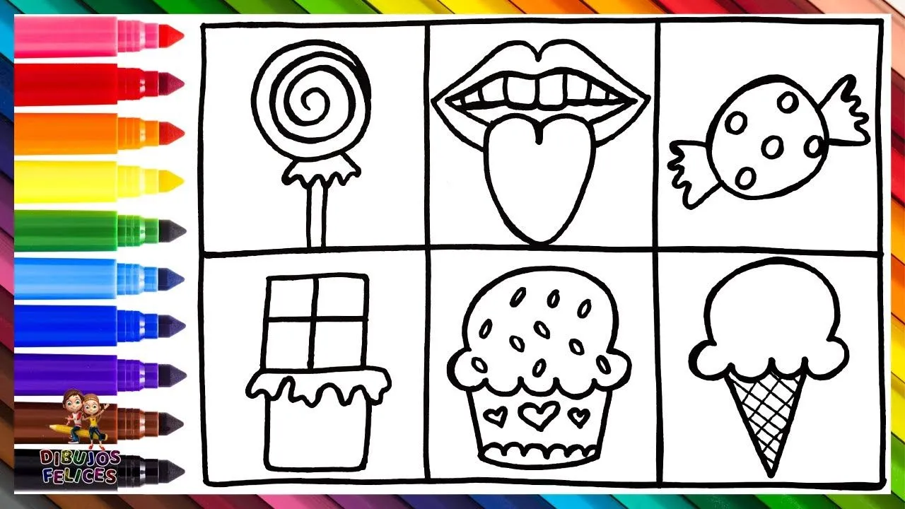 Dibuja y Colorea Dulces Y Caramelos Arcoiris 