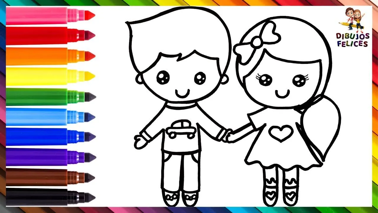 Dibuja y Colorea A Niños: Un Niño Y Una Niña Dibuja y Colorea A Niños: Un Niño Y Una Niña