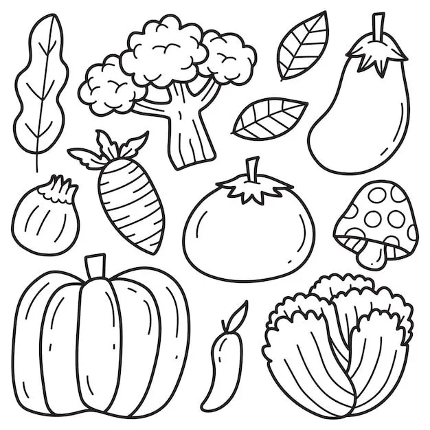 Dibujado a mano dibujos animados vegetales doodle diseño para colorear | Vector Premium Dibujado a mano dibujos animados vegetales doodle diseño para colorear | Vector Premium