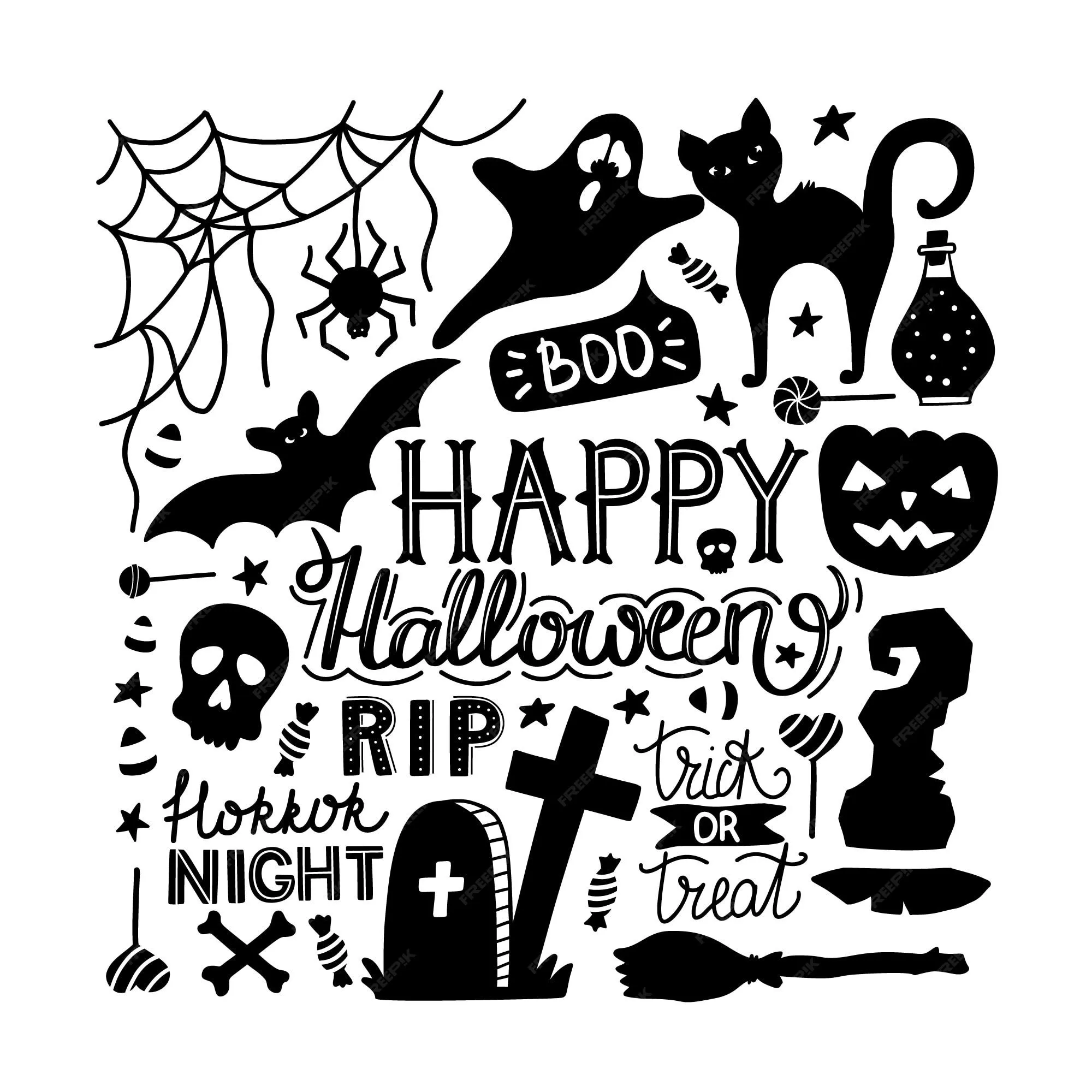 Dibujado a mano garabatos de halloween imprimir con letras. | Vector Premium Dibujado a mano garabatos de halloween imprimir con letras. | Vector Premium