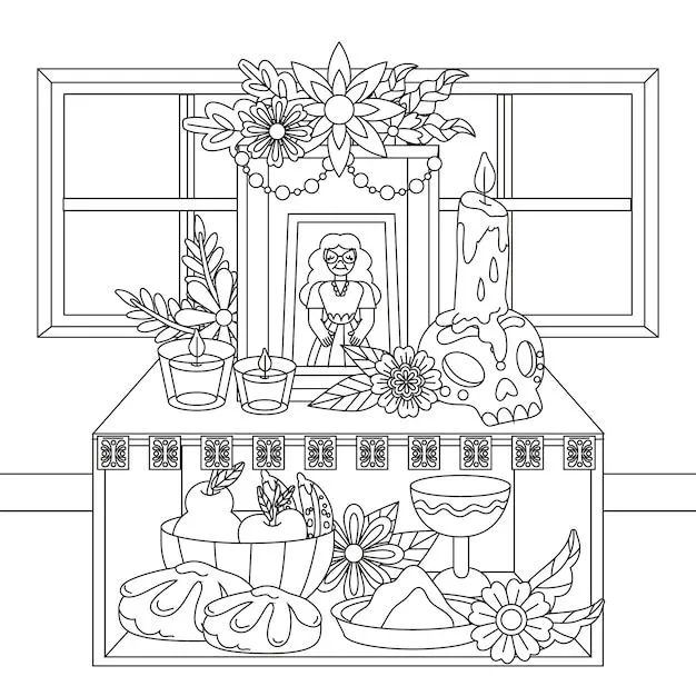Dibujado a mano ilustración de página para colorear de altar de muertos del dia de muertos | Vector Gratis Dibujado a mano ilustración de página para colorear de altar de muertos del dia de muertos | Vector Gratis