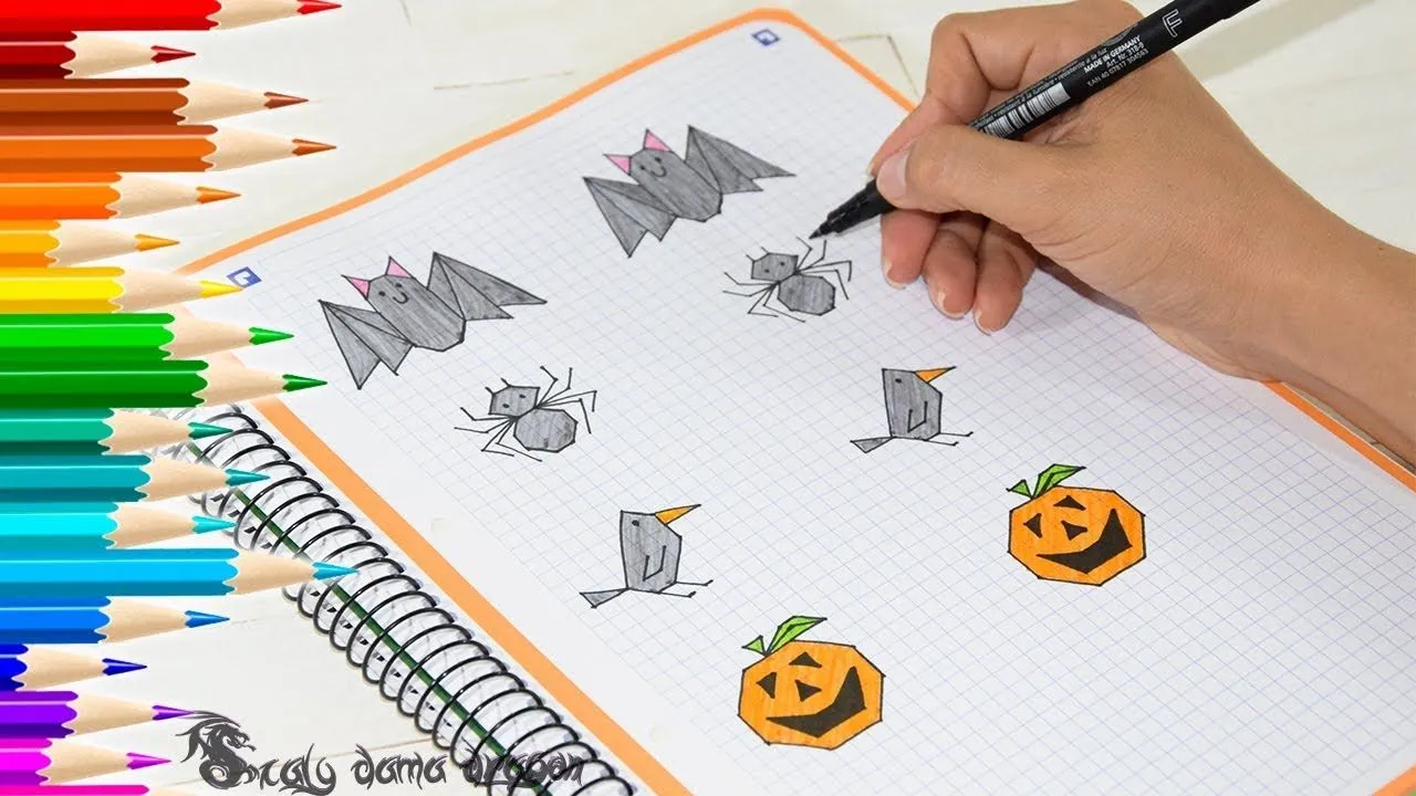 Dibujando 4 figuras de HALLOWEEN en cuadrícula para NIÑOS | Manualidades Dibujando 4 figuras de HALLOWEEN en cuadrícula para NIÑOS | Manualidades