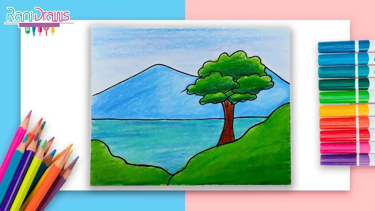 Cómo dibujar un PAISAJE lago y montañas con LÁPICES DE COLORES - ideas de  dibujos faciles - YouTube