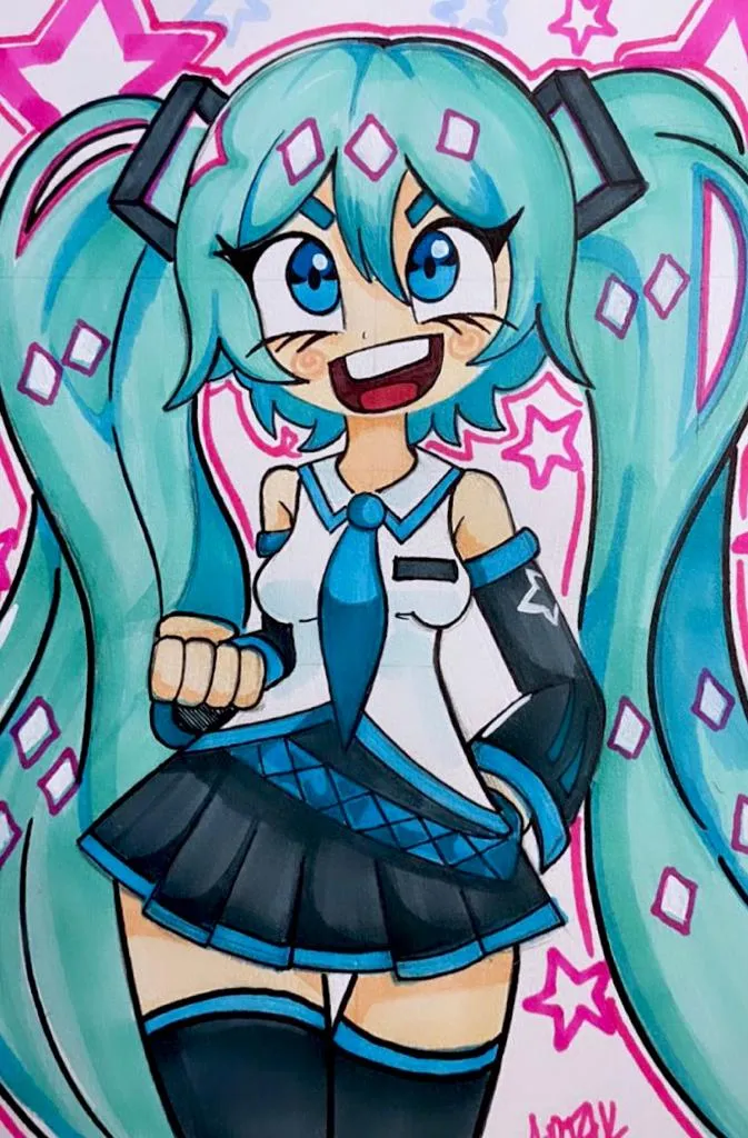 Como dibujar y pintar a Hatsune Miku anime con plumones paso a paso – art4kids Como dibujar y pintar a Hatsune Miku anime con plumones paso a paso – art4kids