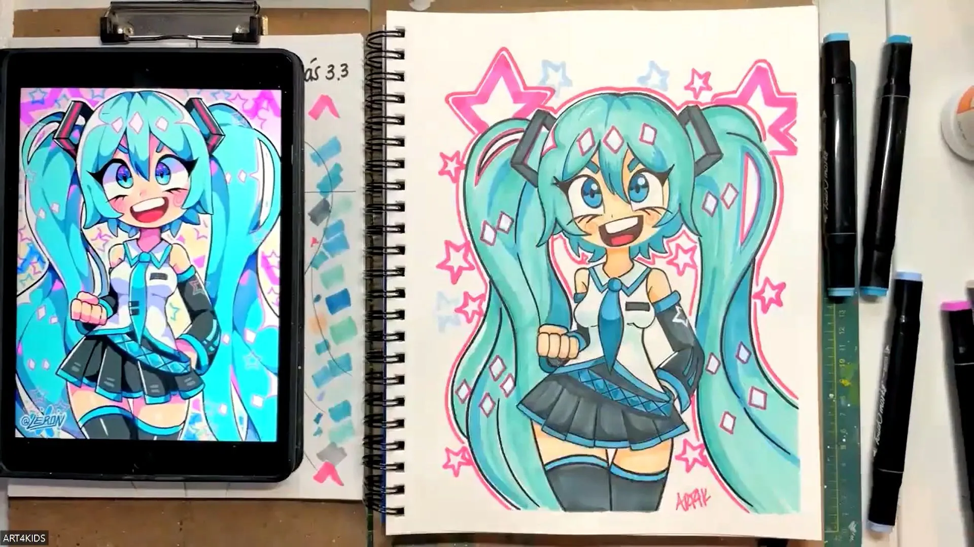 Como dibujar y pintar a Hatsune Miku anime con plumones paso a paso – art4kids Como dibujar y pintar a Hatsune Miku anime con plumones paso a paso – art4kids