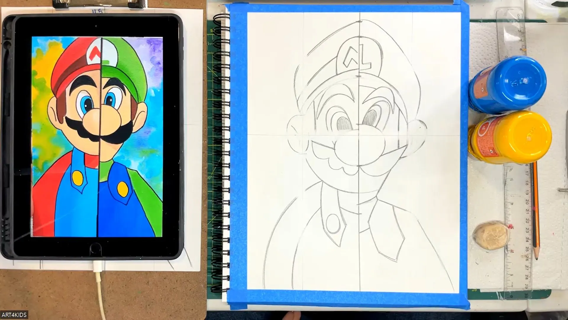 Como dibujar y pintar a Super Mario Bros y Luigi paso a paso – art4kids Como dibujar y pintar a Super Mario Bros y Luigi paso a paso – art4kids