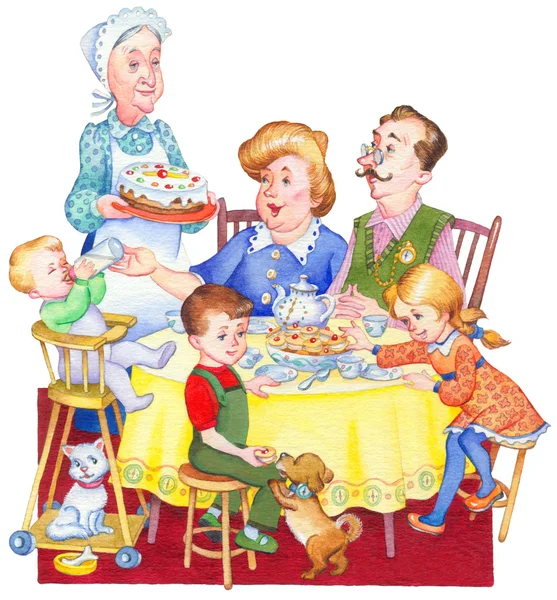 Dibujo Acuarela. familia feliz para una fiesta de té — Foto stock ... Dibujo Acuarela. familia feliz para una fiesta de té — Foto stock ...