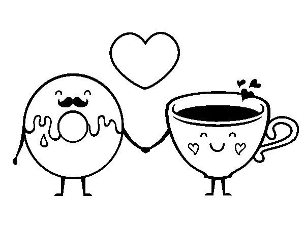 Dibujo de Amor entre dónut y té para Colorear - Dibujos.net Dibujo de Amor entre dónut y té para Colorear - Dibujos.net