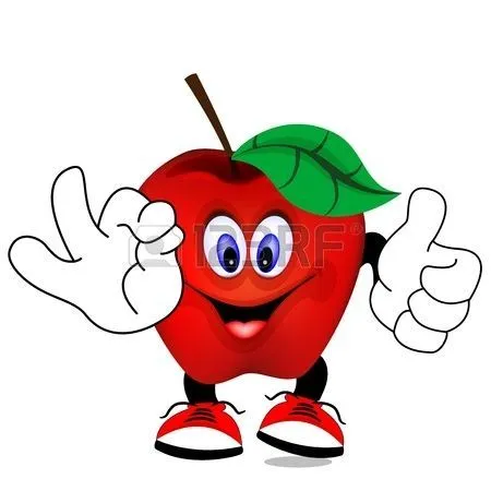 Dibujo animado de manzana roja, sonriendo y haciendo una señal con ... Dibujo animado de manzana roja, sonriendo y haciendo una señal con ...