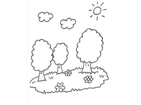 Dibujo de un árbol y flores del campo para que pinten los niños