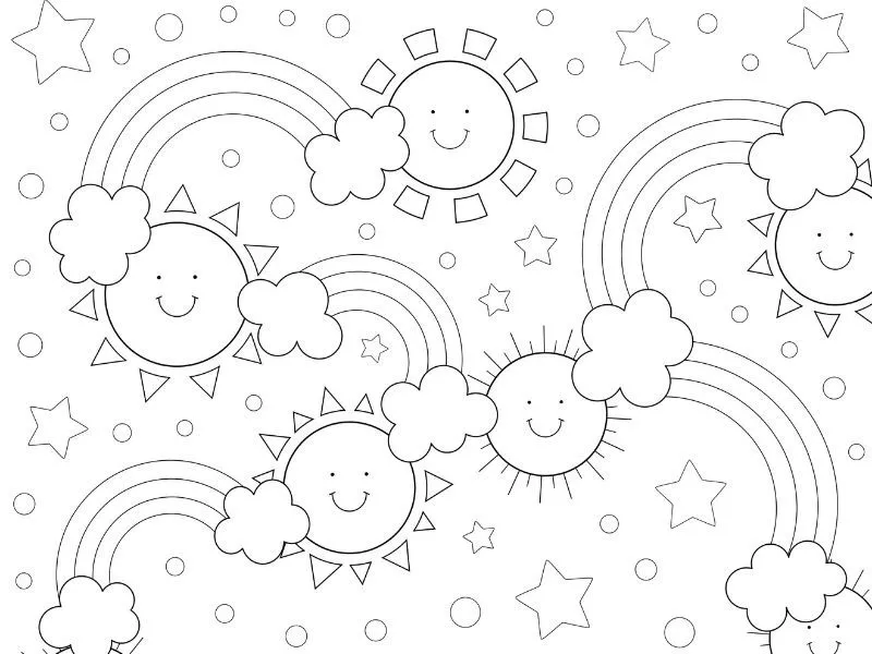 Dibujo de arcoiris, soles y estrellas para colorear Dibujo de arcoiris, soles y estrellas para colorear