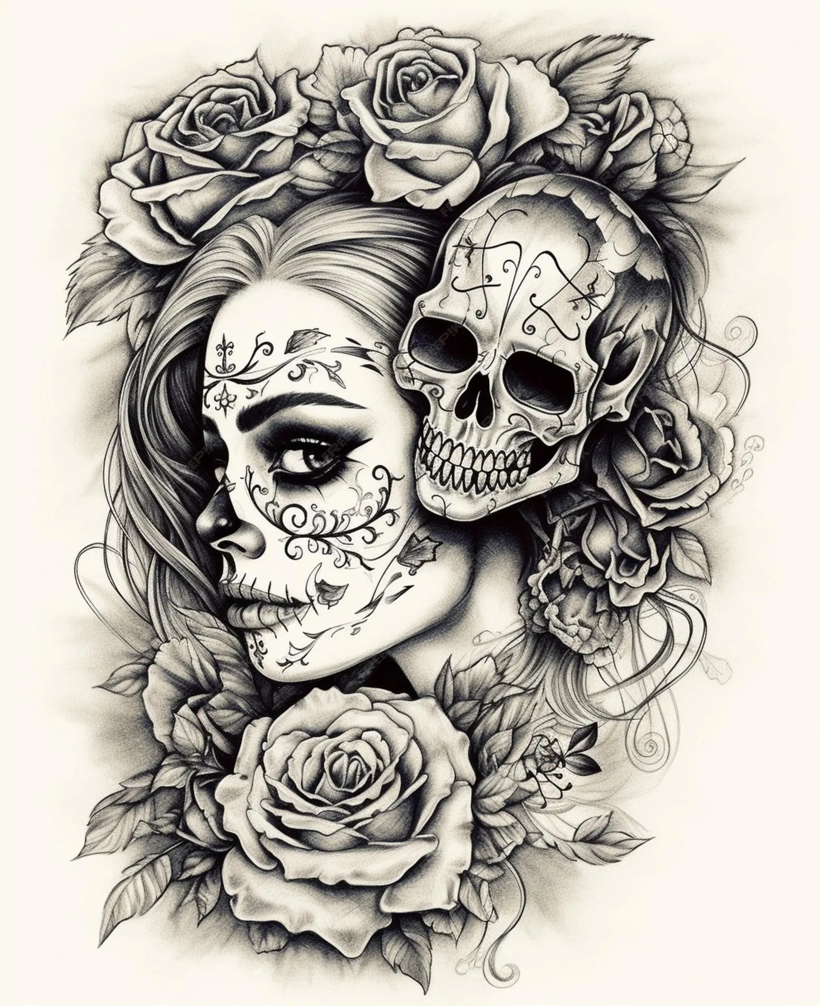 Un dibujo en blanco y negro de una mujer con una calavera en la cabeza y rosas. | Foto Premium Un dibujo en blanco y negro de una mujer con una calavera en la cabeza y rosas. | Foto Premium