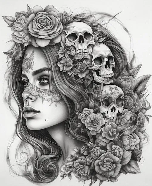 Un dibujo en blanco y negro de una mujer con calaveras en la cabeza. | Foto  Premium