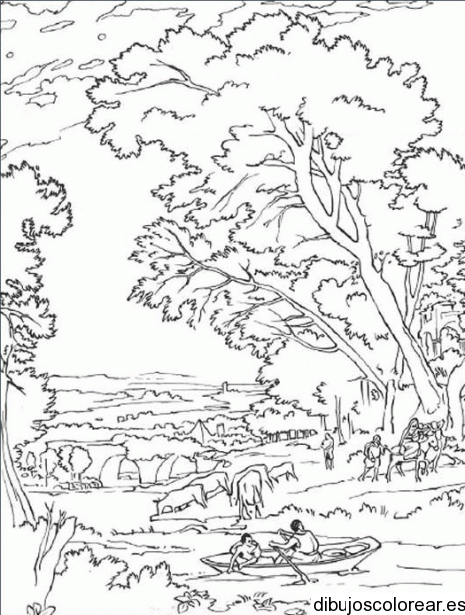 Dibujo de un bosque con dos hombres en el río | Dibujos para Colorear Dibujo de un bosque con dos hombres en el río | Dibujos para Colorear