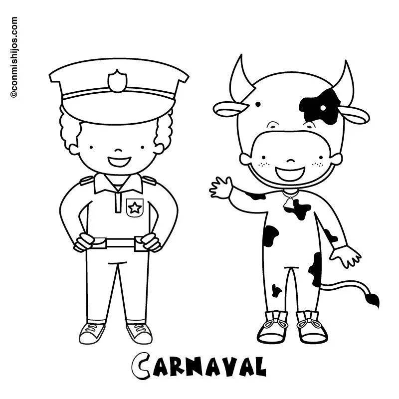 Dibujo de Carnaval de vaca y policía para pintar con niños Dibujo de Carnaval de vaca y policía para pintar con niños