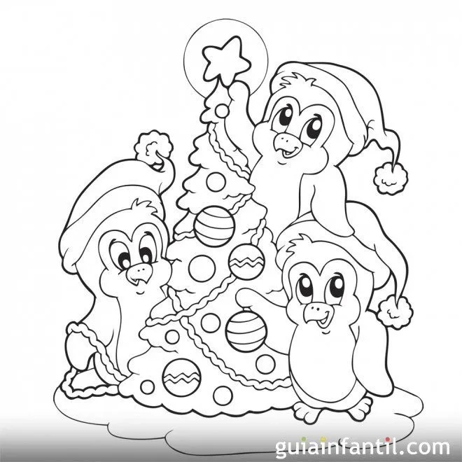 Dibujo para colorear. Árbol de Navidad con Pingüinos - Dibujos de ...
