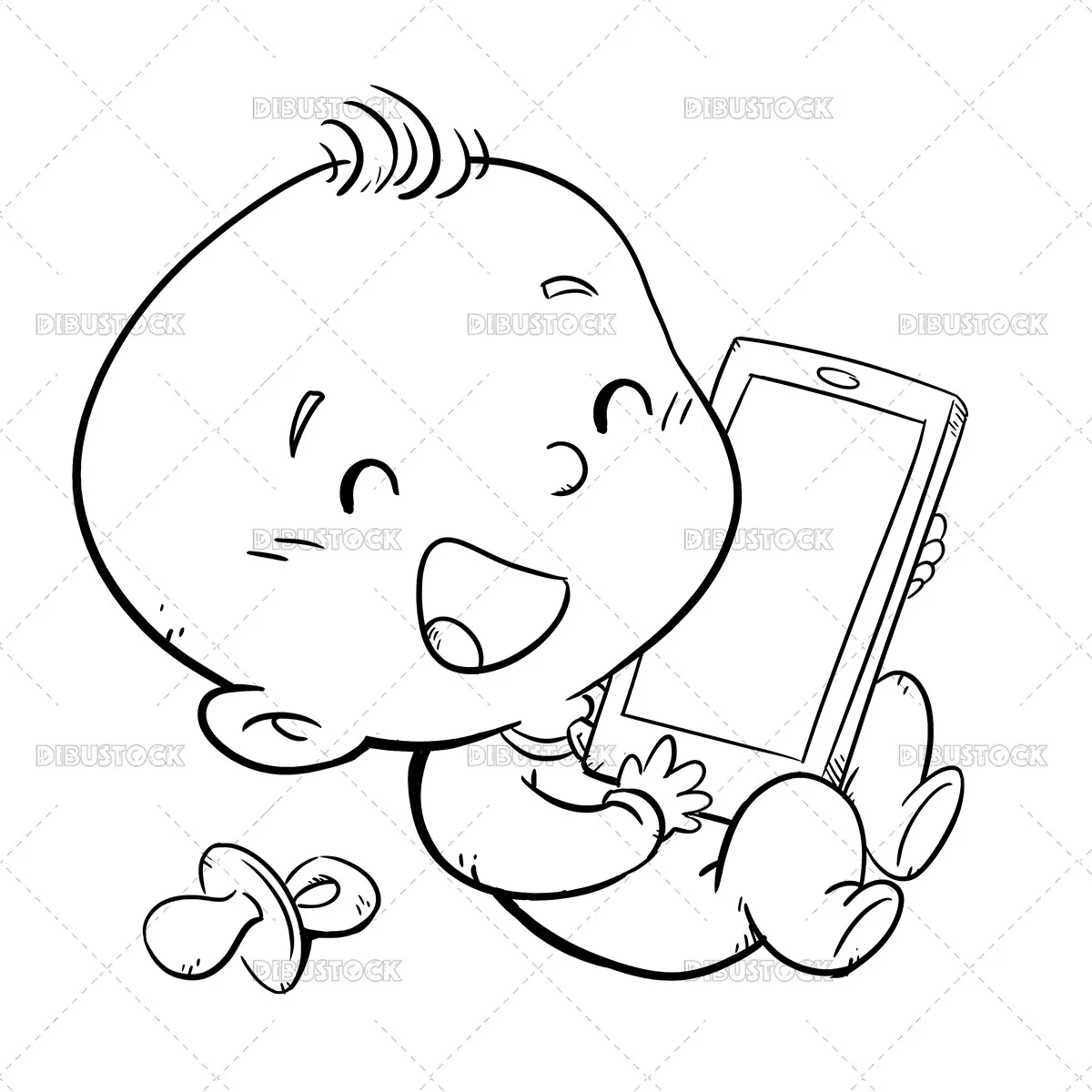 Dibujo para colorear de un bebé feliz con un móvil en las manos - Dibustock, dibujos e ilustraciones infantiles para cuentos Dibujo para colorear de un bebé feliz con un móvil en las manos - Dibustock, dibujos e ilustraciones infantiles para cuentos