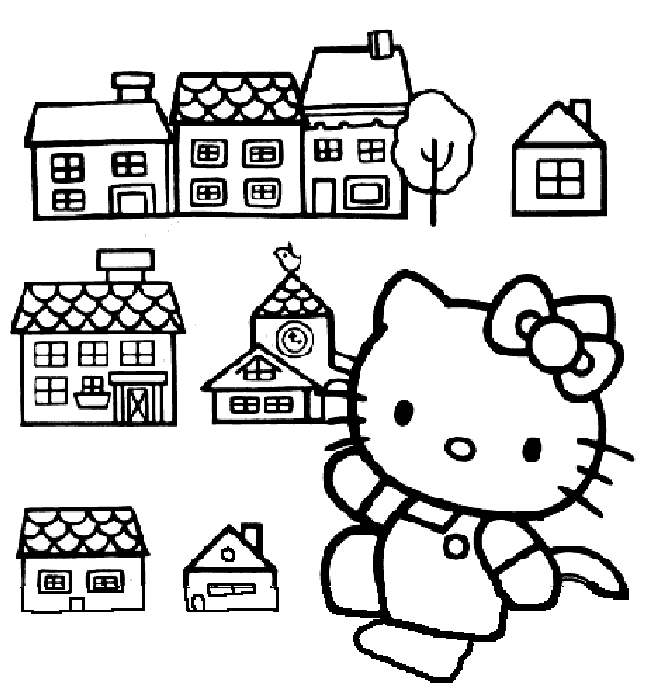 DIBUJO PARA COLOREAR INFANTIL DE LA HELLO KITTY Y SUS CASITAS ...