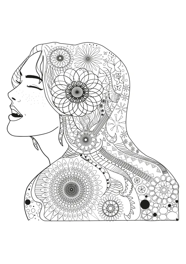 Dibujo para colorear mandala ilustración silueta chica Dibujo para colorear mandala ilustración silueta chica