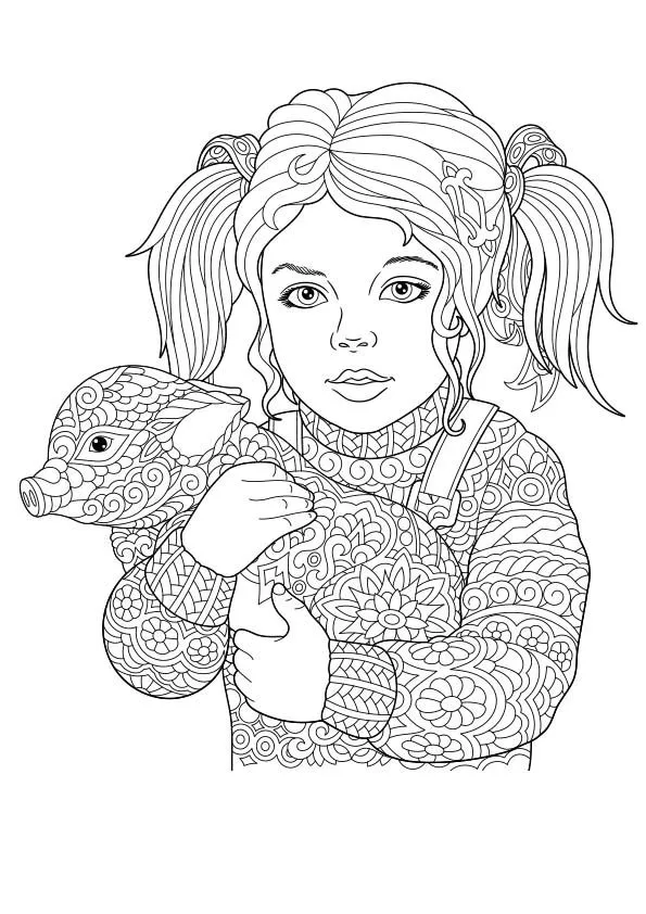 Dibujo para colorear mandala ilustración silueta niña con un cerdo Dibujo para colorear mandala ilustración silueta niña con un cerdo