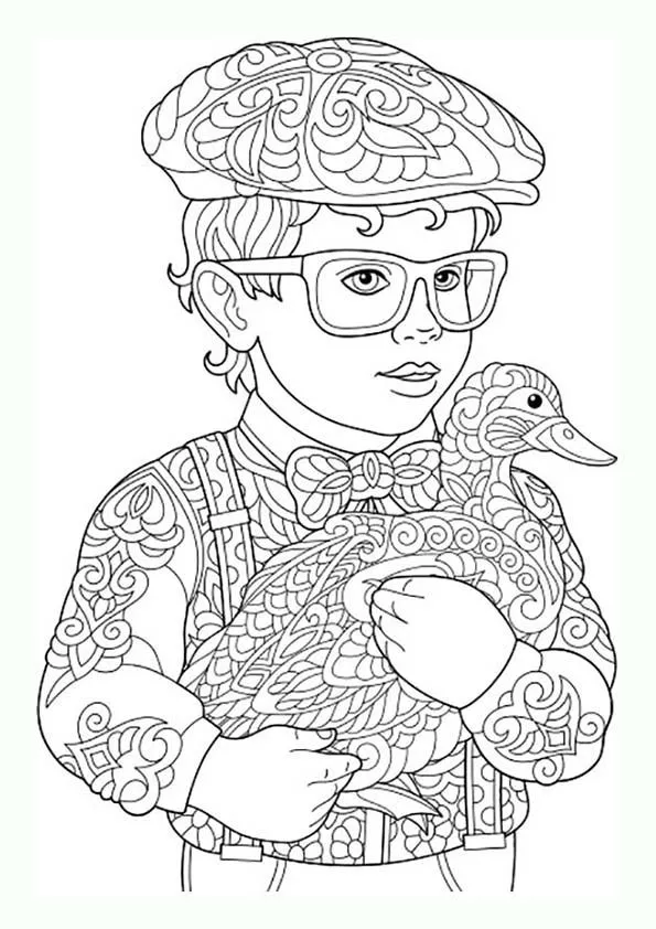 Dibujo para colorear mandala ilustración silueta niño con pato Dibujo para colorear mandala ilustración silueta niño con pato