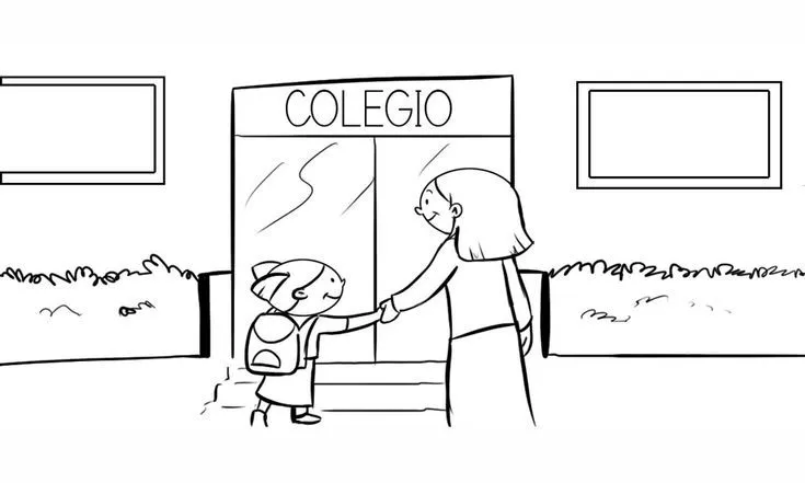 Dibujo para colorear. Una niña entrando al colegio con su madre ...