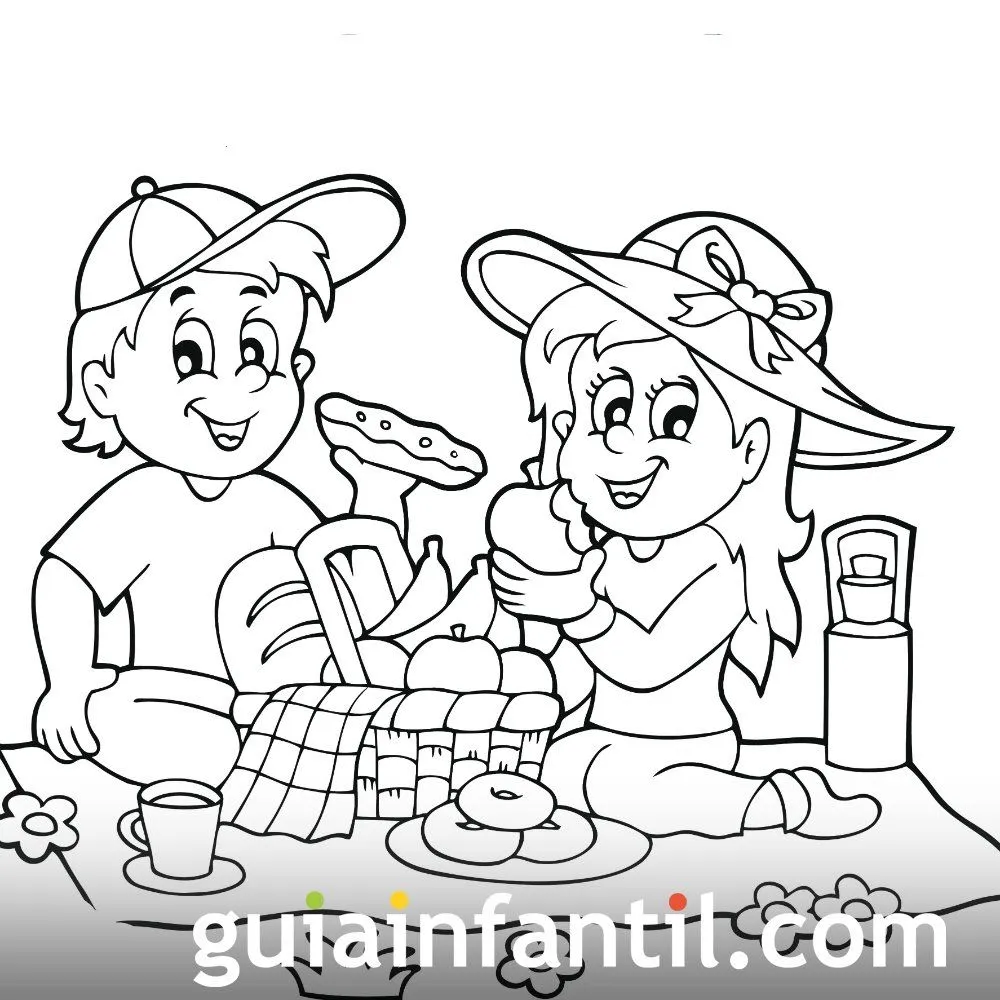 Dibujo para colorear de dos niños comiendo en primavera