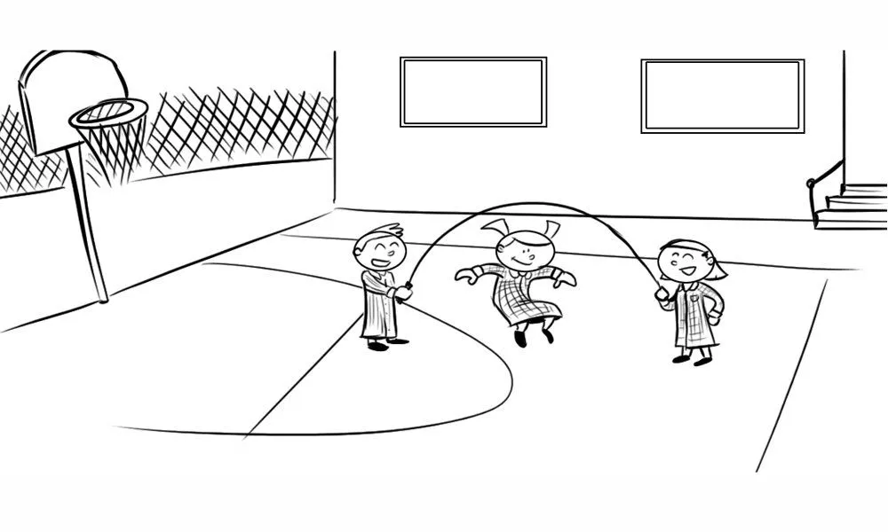 Dibujo para colorear de niños jugando en el patio del colegio Dibujo para colorear de niños jugando en el patio del colegio