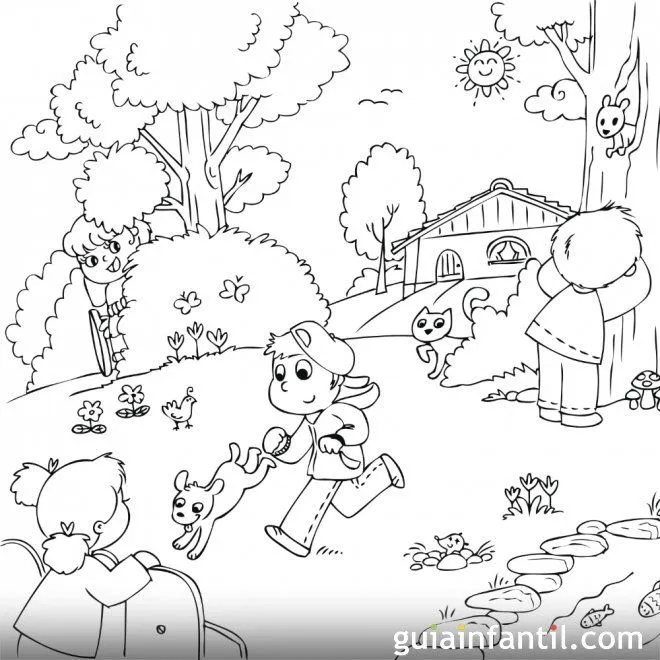 Dibujo para colorear de niños jugando en primavera Dibujo para colorear de niños jugando en primavera