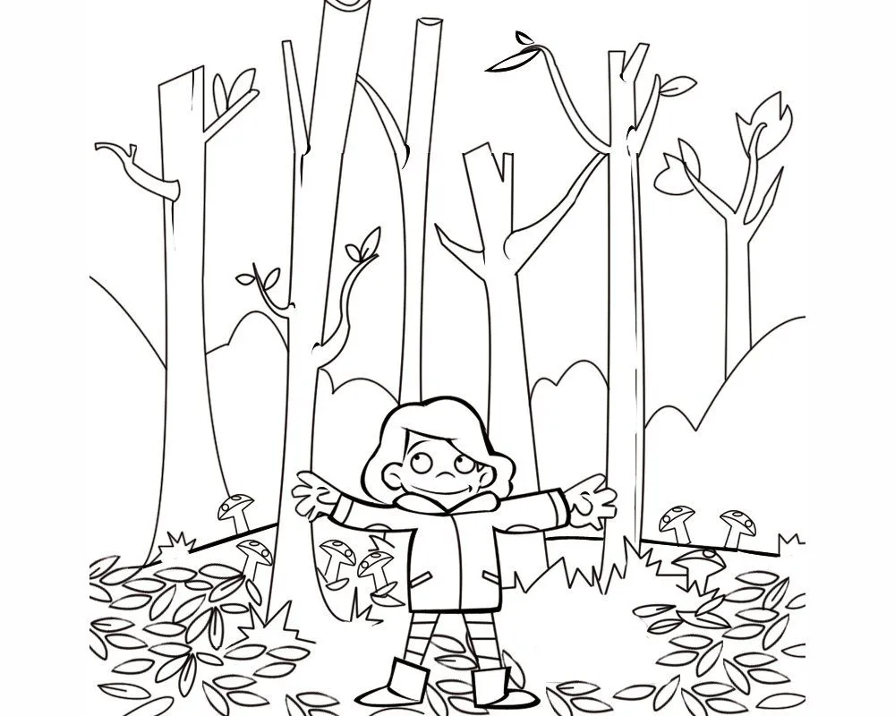 Dibujo para colorear con los niños de una niña en el bosque en otoño Dibujo para colorear con los niños de una niña en el bosque en otoño