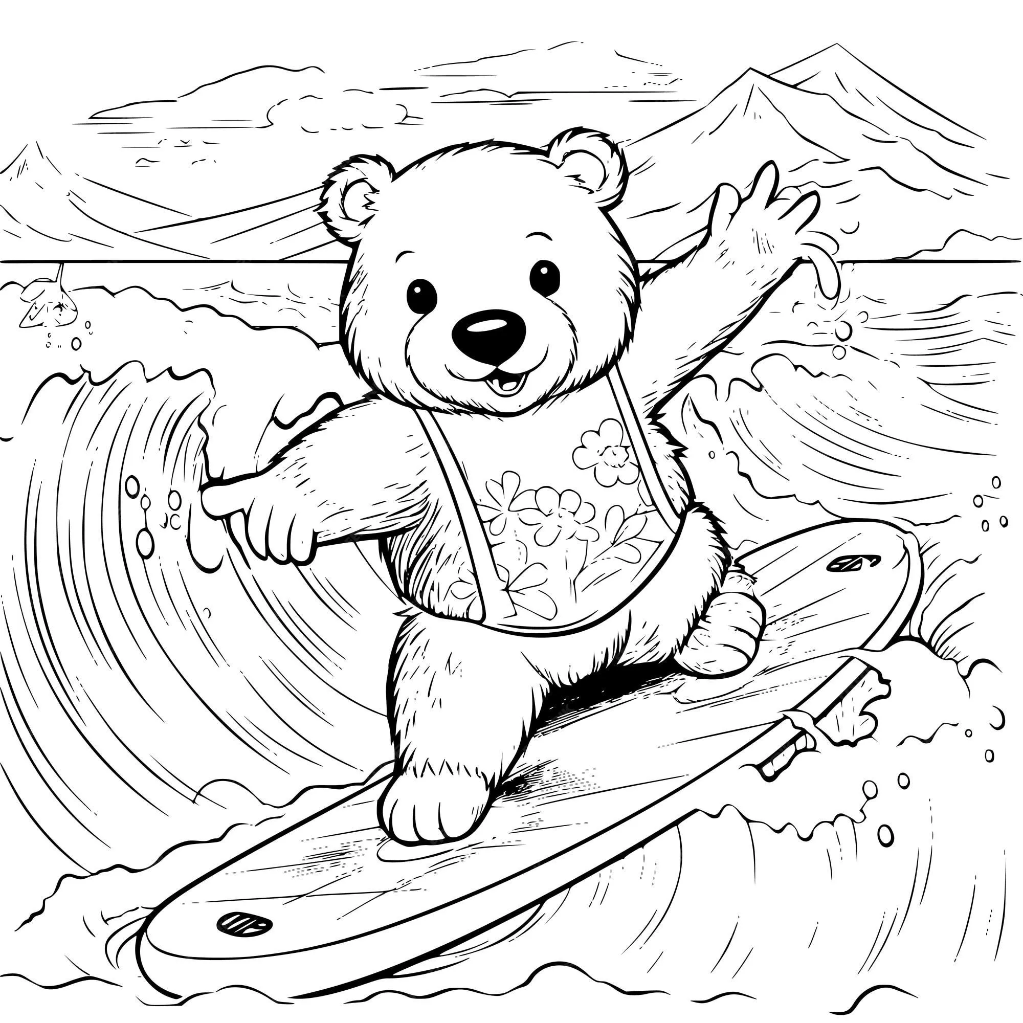 Dibujo para colorear de oso surfeando para niños | Vector Premium Dibujo para colorear de oso surfeando para niños | Vector Premium