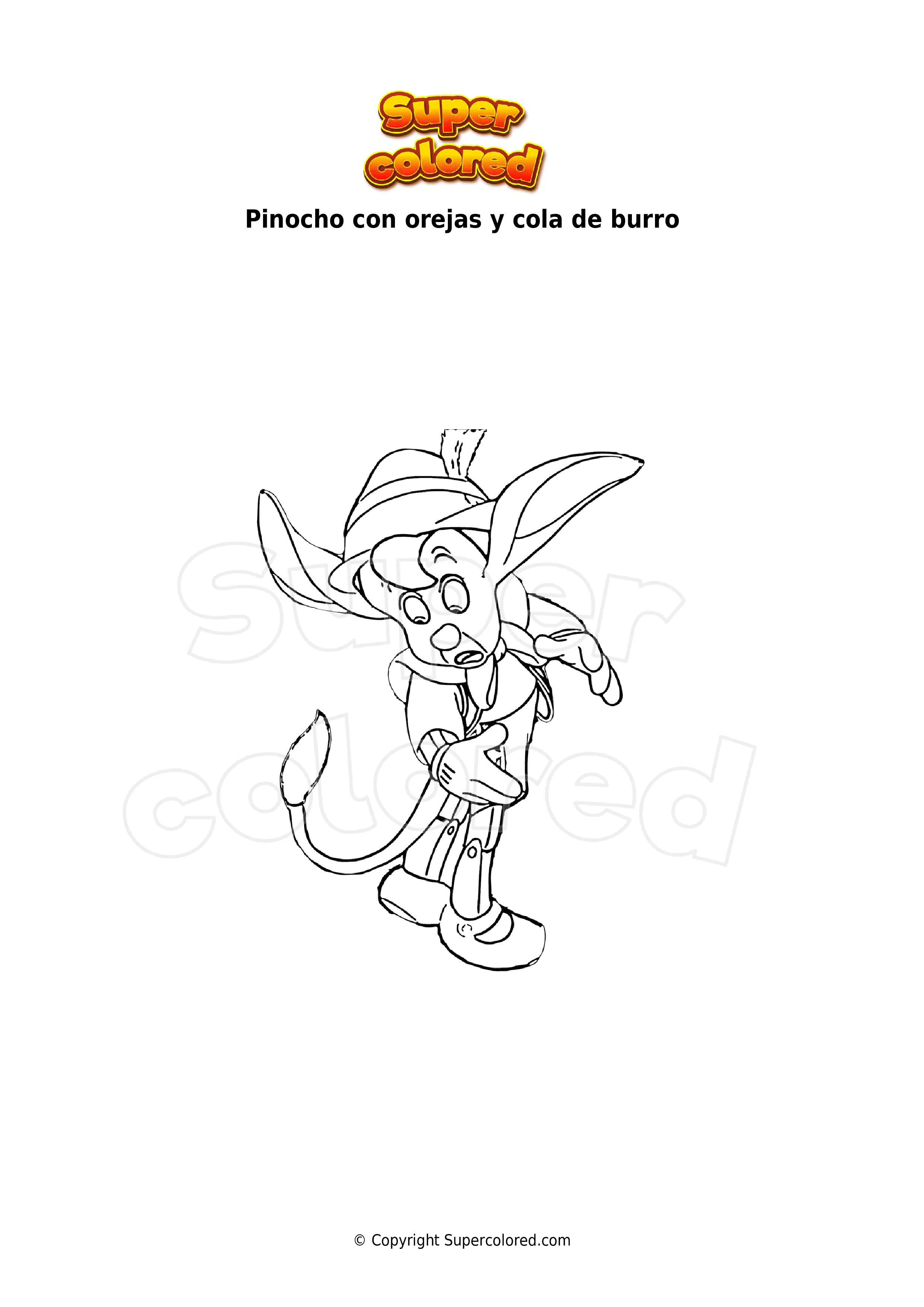Dibujo para colorear Pinocho con orejas y cola de burro - Supercolored.com Dibujo para colorear Pinocho con orejas y cola de burro - Supercolored.com