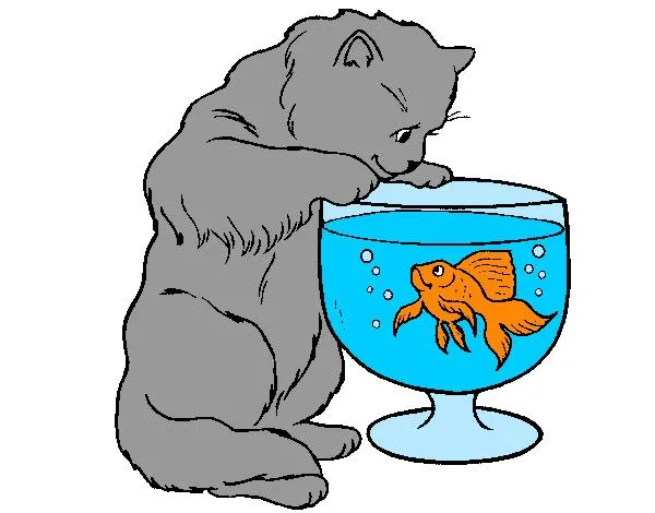 Dibujo de el gato mirando a un pez en una pecera pintado por ...