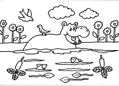 ... , ??: Dibujo de un hipopótamo nadando en su lago preferido ... , ??: Dibujo de un hipopótamo nadando en su lago preferido