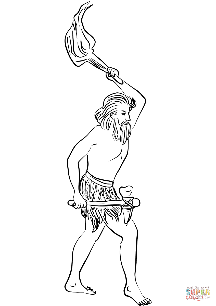 Dibujo de Hombre de las cavernas con hacha y antorcha para ... Dibujo de Hombre de las cavernas con hacha y antorcha para ...