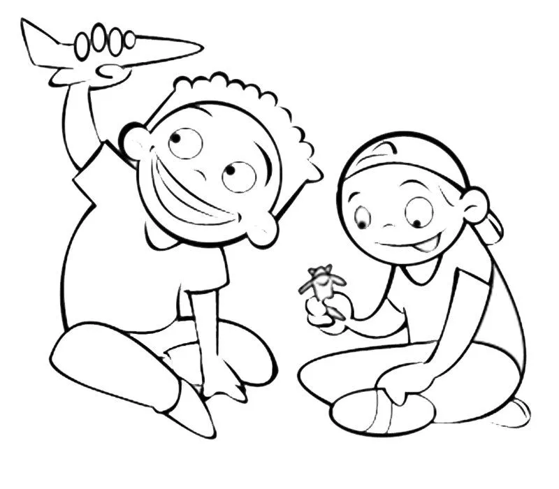 Dibujo para imprimir y colorear de niños jugando con avión Dibujo para imprimir y colorear de niños jugando con avión
