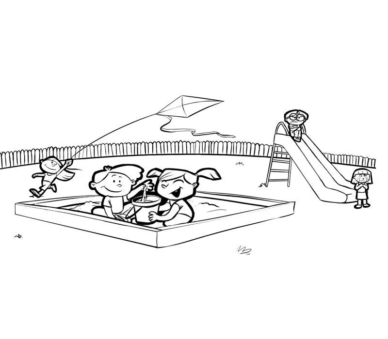 Dibujo para imprimir y colorear de niños jugando en el parque Dibujo para imprimir y colorear de niños jugando en el parque