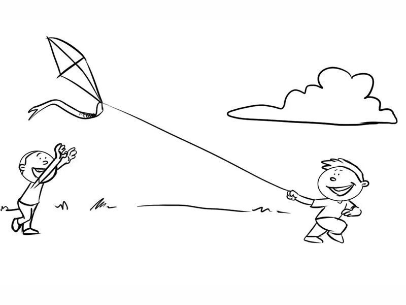 Dibujo para imprimir y colorear de niños volando una cometa Dibujo para imprimir y colorear de niños volando una cometa