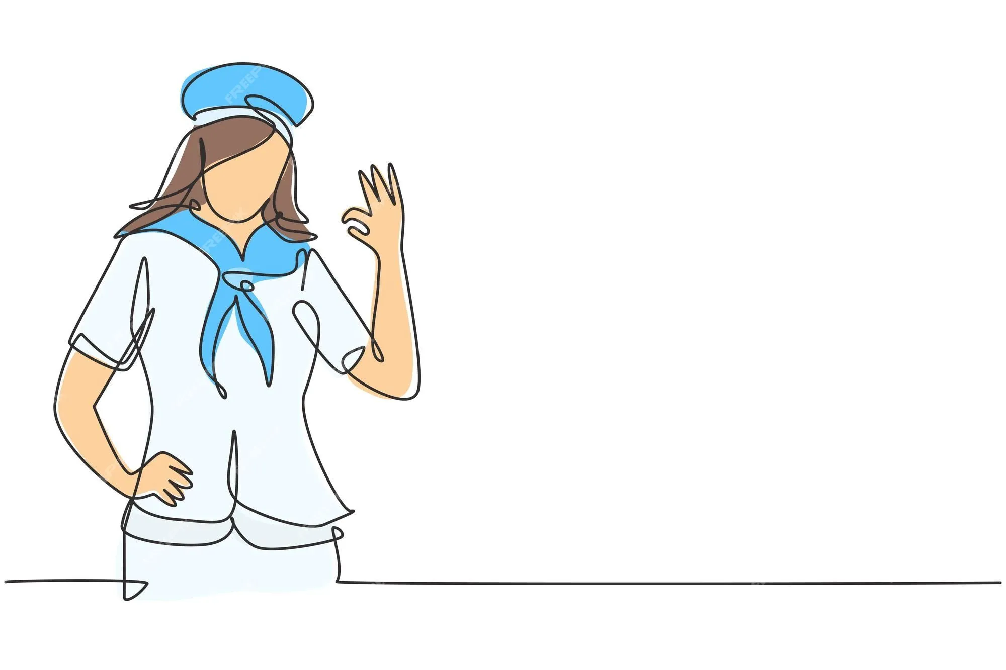 Dibujo de una sola línea de mujer marinera con gesto bien, bufanda alrededor de su cuello, lista para navegar a través de los mares | Vector Premium Dibujo de una sola línea de mujer marinera con gesto bien, bufanda alrededor de su cuello, lista para navegar a través de los mares | Vector Premium