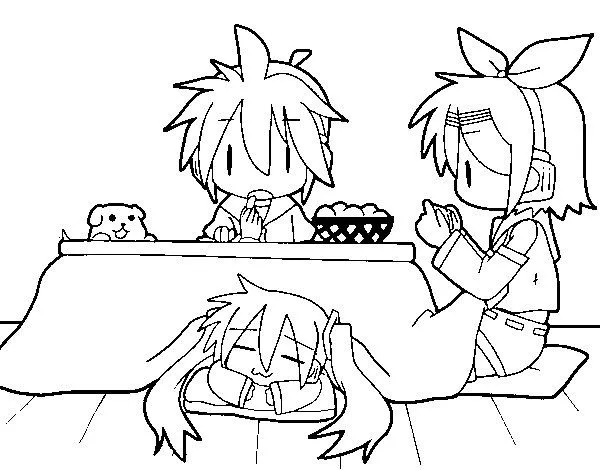 Dibujo de Miku, Rin y Len desayunando para Colorear - Dibujos.net Dibujo de Miku, Rin y Len desayunando para Colorear - Dibujos.net