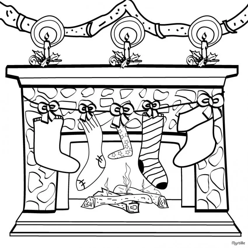 Dibujo de Navidad: Calcetines en la chimenea de Navidad para colorear Dibujo de Navidad: Calcetines en la chimenea de Navidad para colorear