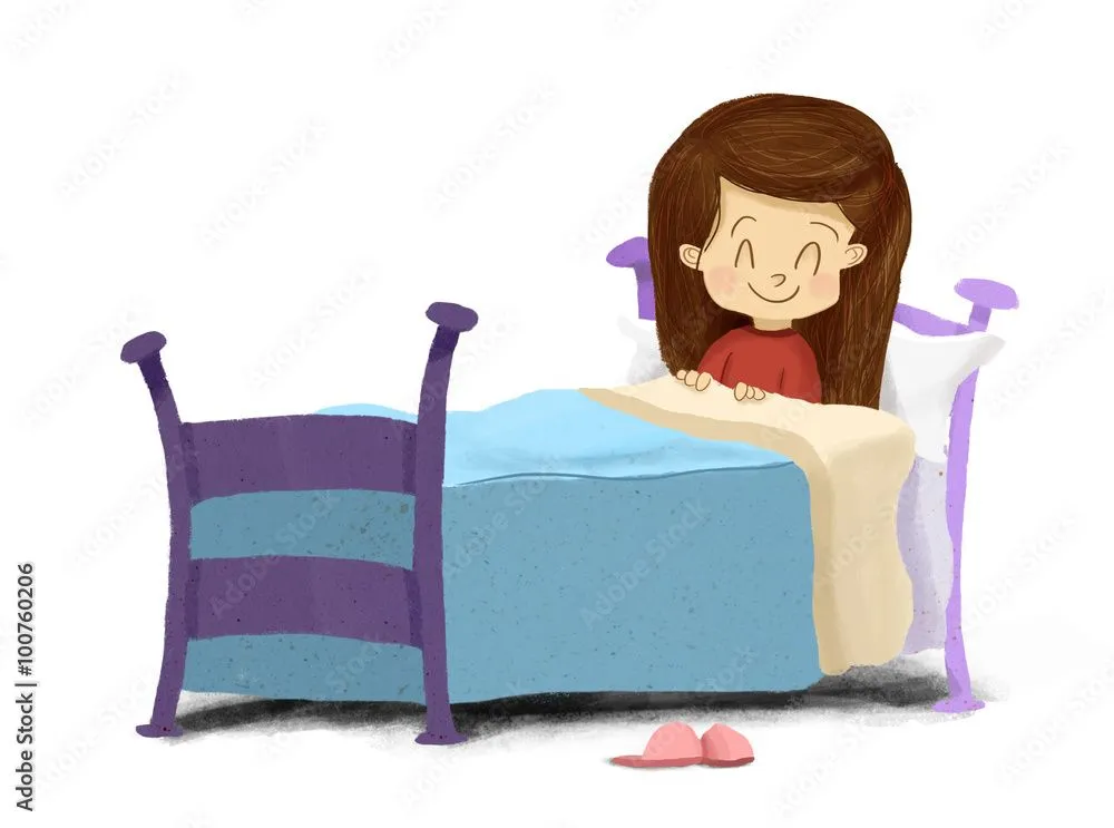 Dibujo de una niña en la cama preparada para dormir, es de noche, se está tapando con una manta mientras sonrie ilustración de Stock | Adobe Stock Dibujo de una niña en la cama preparada para dormir, es de noche, se está tapando con una manta mientras sonrie ilustración de Stock | Adobe Stock