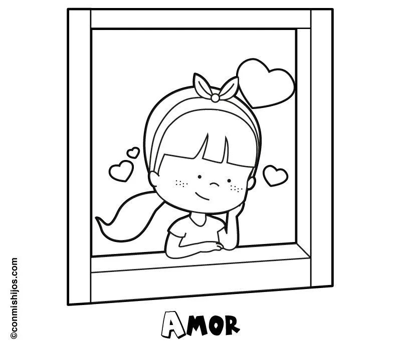 Dibujo de una niña enamorada mirando por la ventana para colorear Dibujo de una niña enamorada mirando por la ventana para colorear