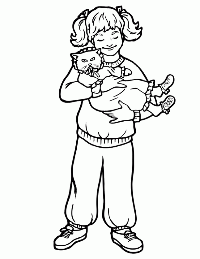 Dibujo de Niña con su gato para colorear. Dibujos infantiles de ...