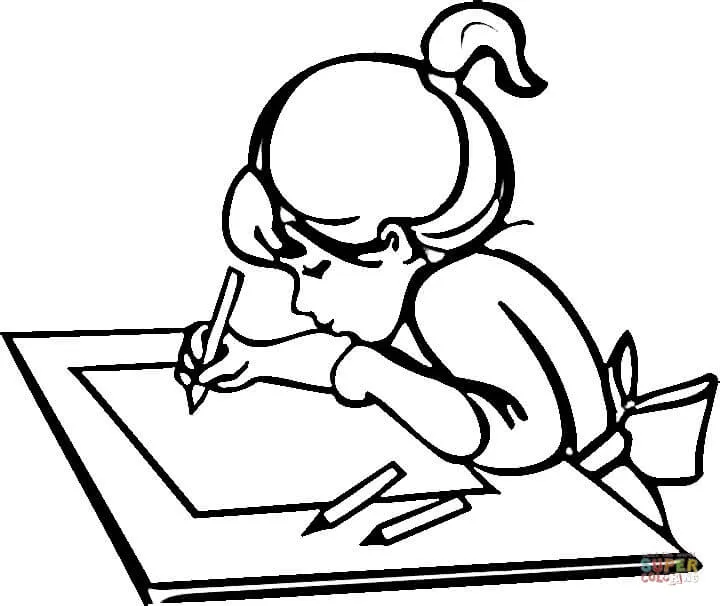 Dibujo de Una Niña Hace su Tarea para colorear | Dibujos para ... Dibujo de Una Niña Hace su Tarea para colorear | Dibujos para ...