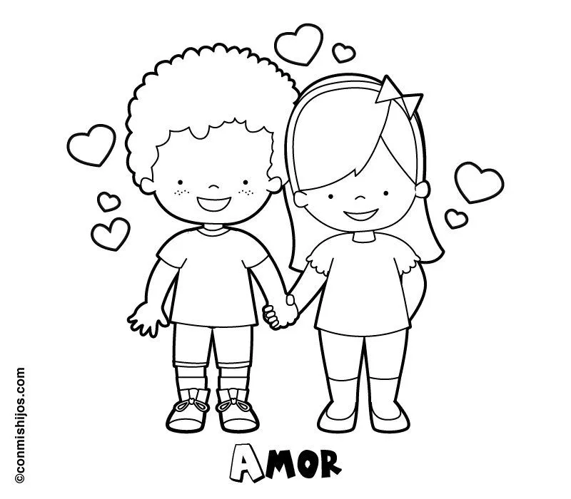 Dibujo de niños enamorados para pintar en San Valentín Dibujo de niños enamorados para pintar en San Valentín
