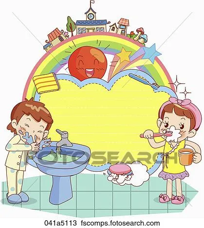 Dibujo - niños, lavado, cara, y, cepille dientes, en, el, mañana ...